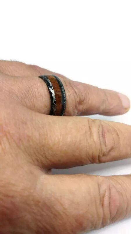 Men's 8mm Tungsten Ring Koa Wood Inlay With Laser Pattern Dome Wedding Band